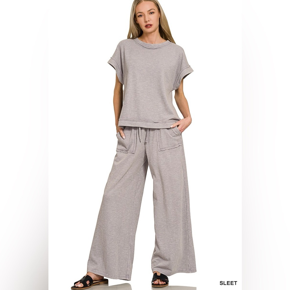 Zenana Washed Slub Short Sleeve Tee & Long Pants Set🛍️